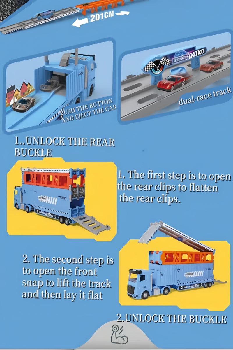 (رمضان)لعبة مسارات سيارات سباق قابلة للطي وموسعة مع فتحات إطلاق، مجموعة ألعاب شاحنات سباق الشاحنات، سيارة سباق بالقذف، لعبة شاحنة متحولة، 8 قطع من سيارات الألومنيوم، مركبة نقل حاوية، مع أصوات وإضاءة، لعبة مسارات سيارات كهدايا عطلة للأولاد والبنات، من عمر 3 سنوات فما فوق - Image 4